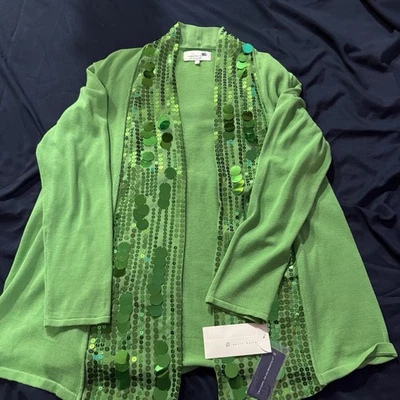 Suéter Cárdigan Liz Lange Mujer Frente Abierto Talla L Lentejuelas Verdes Completely Me Nuevo Con Etiquetas Foto 1 de 4
