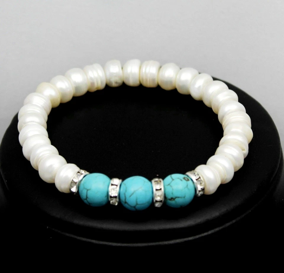 Ketten, echte Süßwasser-Zucht-Perlen & Türkis-Perlen Armband 1 Stück 17-28cm Neu - Bild 1 von 1