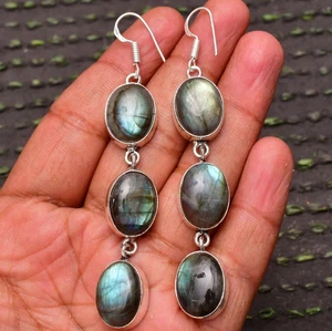 Natural Oval Cut Labradorite Gemstone Drop Earrings 925 Silver Dangle Earrings - Picture 1 of 4
