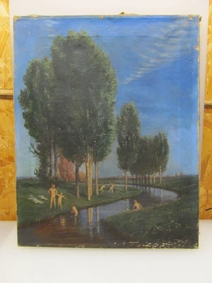 Kinder am Fluß badende Mädchen und Buben  Ölbild Leinwand  zum restaurieren - Bild 1 von 4