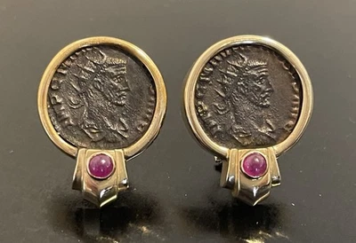 14K Solid Yellow Gold Ruby Byzantine Etruscan Roman Coin Omega Backs Earrings - Image 1 of 4