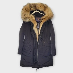 Woolrich Military Parka Down Real Fur L Black Racoon Fur Trim - Picture 1 of 9