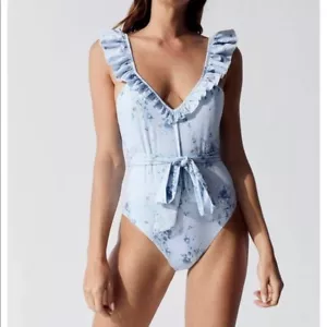 LoveShackFancy Womens Celestia Belted Swimsuit Blue XS - Picture 1 of 7