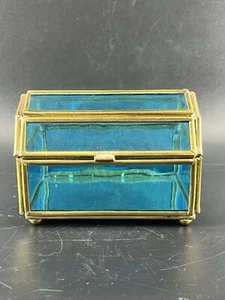 Brass And Blue Stained Glass Treasure Chest Trinket Box Mexico - Picture 1 of 11