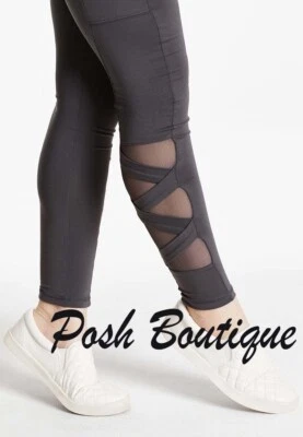 NWT Justice Girl's Strappy Mesh Leggings Gray Dance Gymnastics 8 10 12 16 18 - Image 1 of 3