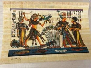 Vintage Egyptian Art Painting KING TUT HUNTING BIRDS Papyrus Paper 8" X 6" - Picture 1 of 1