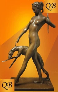 ART DECO BRONZE DIANA & HUND FIGUR SKULPTUR STATUE SIGNIERT NACKTE DAME FIGUR - Bild 1 von 8
