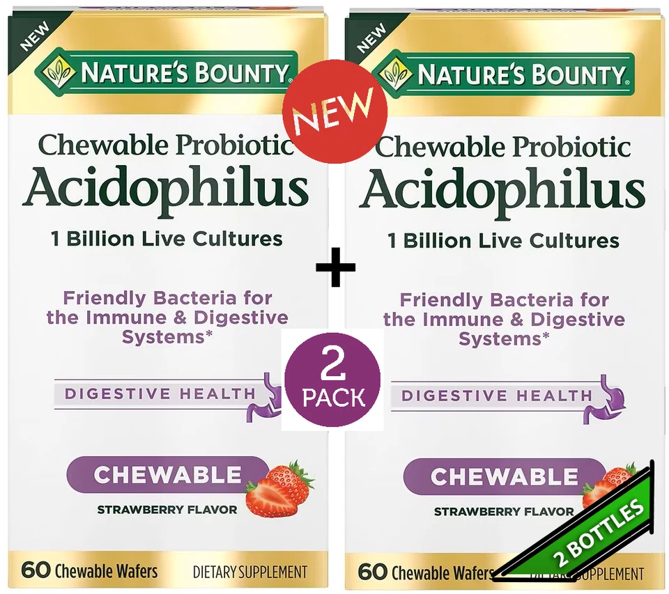 2 Pack Chewable Probiotic Acidophilus 120 Wafers (2x60) 1 Billion CFU Strawberry - Image 1 of 4
