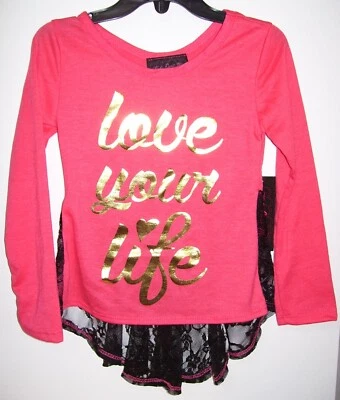Girls Kids Can't Miss Love Your Life Coral Black Gold Lace LS Shirt Sz 4  - Image 1 of 2