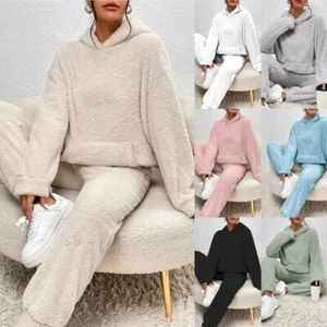 Ladies Sleepwear Hooded Pajamas Sets Women Home Plain Fleece Fluffy Lounge Set - Picture 1 of 22