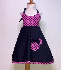 GIRLS MINNIE MOUSE HOT PINK AND BLACK DOTS HALTER DRESS  - Picture 1 of 2