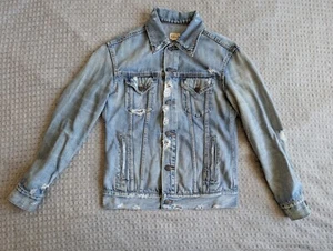 Able Denim Jacket Women Small Blue Light Wash Distressed Trucker Collared - Picture 1 of 13