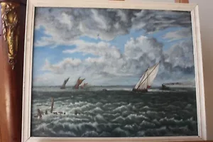 Vintage Spritsail barges - Thames oil-acrylic wall pic framed signed JH - Picture 1 of 9