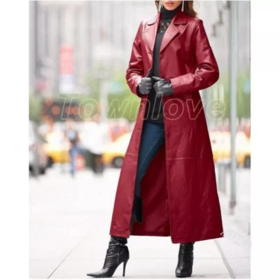 Trench coat largo para mujer elegante de cuero PU con un solo botón cintura abrigo de cuero Foto 1 de 4