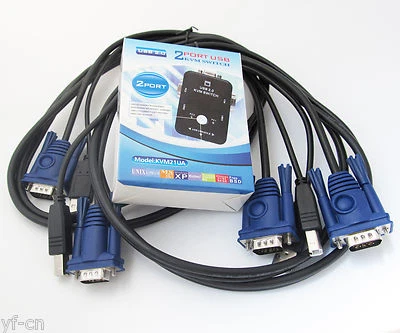 USB 2.0 KVM Switch Box 2 Ports + 2 VGA USB Cables for PC Monitor keyboard mouse - Image 1 of 4