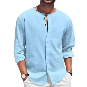 Men's Casual Beach Shirt with Button-Decorated Collar, Lightweight Cotton Linen - Picture 1 of 40