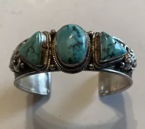 VINTAGE  South western Sterling Silver & Turquoise Silver  Cuff Bracelet - Picture 1 of 12