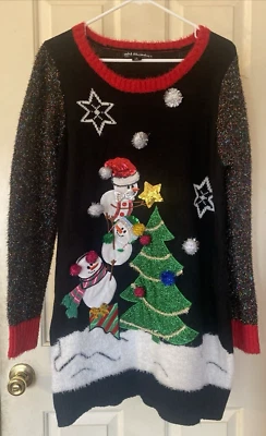 Ugly Christmas Sweater/Dress Large Snowman 3D Pompoms Beaded Tacky Outrageous! - Image 1 of 4