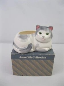 Avon Cat Planter Grey White Cat Green Eyes 3.75" x 6” Ceramic Vintage New In Box - Picture 1 of 18