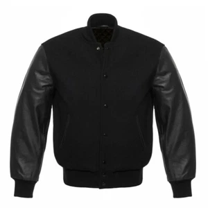 Varsity Letterman Solid Black wool Genuine Leather Sleeves bomber college Jacket - Picture 1 of 3