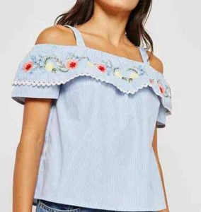 DOROTHY P3RKINS LADIES EMBROIDERED COLD SHOULDER TOP BLUE PETITE FIT (REF 520) - Picture 1 of 3
