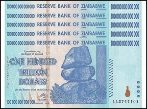 Zimbabwe 100 trilioni di dollari, 2008, AA, P-91, UNC X 5 PEZZI - Foto 1 di 4
