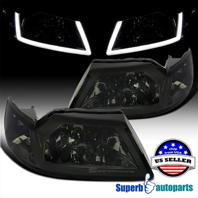 Fits 1999-2004 Ford Mustang Headlights w/ LED Tube Strip Smoke Head Lamps L+R - Image 1 of 4