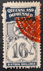 1939 Queensland Australia 16/- Dark Blue Impressed Duty stamp Perf 12 Used - Picture 1 of 2