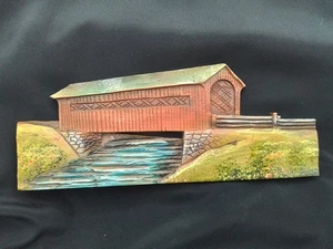 HANDPAINTED CARVE COVERED BRIDGE RIVER WATER SHELF WINDOW DOOR SITTER FARMHOUSE - Picture 1 of 16