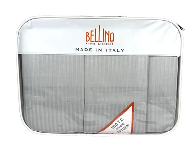 Bellino QUEEN Stripe Sateen Sheet Set 100% Cotton Italy 300TC Gray Silver Sheen - Image 1 of 4