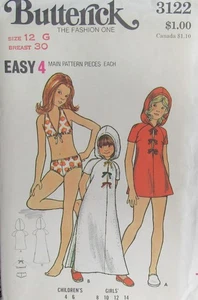 VTG Butterick 3122 Girls 12 BIKINI SWIMSUIT & Caftan Robe Dress Cover-up Pattern - Picture 1 of 2