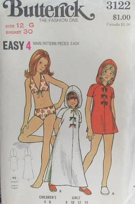 VTG Butterick 3122 Girls 12 BIKINI SWIMSUIT & Caftan Robe Dress Cover-up Pattern - Image 1 of 2