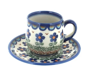 Taza y platillo espresso flor azteca cerámica polaca rosa azul - Imagen 1 de 1
