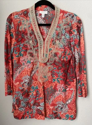 Charter Club Tunic Top Blouse Cotton Embroidered Paisley Size M - Image 1 of 4