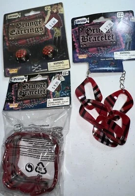 Grunge Bracelet Earring Plaid Punk Hipster Costume Accessories Halloween 3 Pc - Image 1 of 4