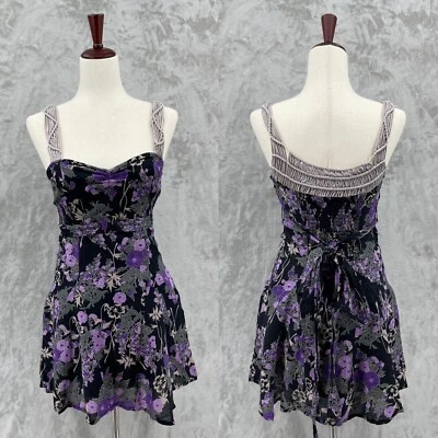 Free People Vintage Y2K Women's 6 Black Purple Floral Linen Cotton Mini Dress - Image 1 of 4