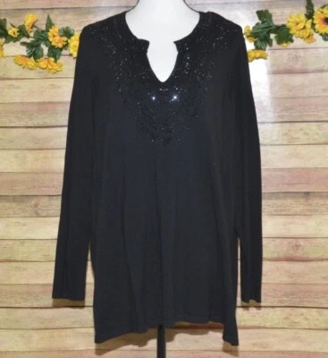 Suéter tejido Charter Club Plus 2X negro fino cuello en V brillante con cuentas Foto 1 de 4