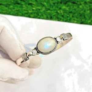 Brazalete hecho a mano de plata de ley 925 con piedras preciosas de luna arco iris - Imagen 1 de 5