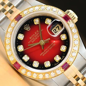 ROLEX LADIES DATEJUST 18K YELLOW GOLD RUBY DIAMOND & STEEL QUICKSET WATCH - Picture 1 of 9