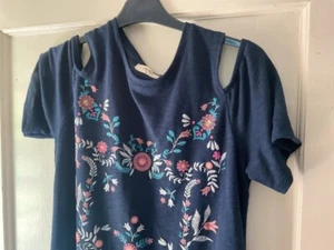 Top tunica donna Papaya blu navy floreale peep spalla taglia 14 - Foto 1 di 2