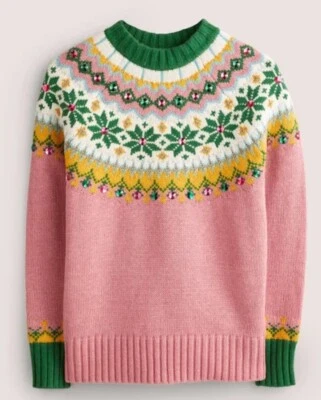 Boden Christmas Fair Isle Pink Embellished Jewelled Sweater Jumper Size UK 14 - Image 1 of 4