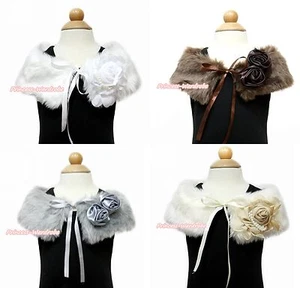 Wedding Flower Baby Girl White Beige Brown Khaki Fauz Fur Pearl Rose Collar Cape - Picture 1 of 5