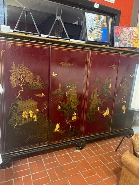 Gabinete Chinoiserie, Laca Verde Oriental Pintado a Mano, Vintage/Antiguo L00K Foto 1 de 4