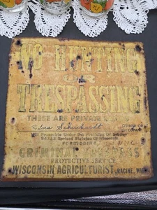 Early No Hunting Trespassing Metal Sign Vintage Racine Wi Private Land Wisconsin - Picture 1 of 6