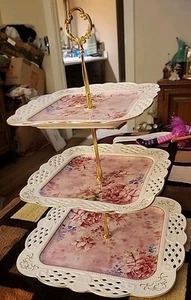 Tea Time By Maison Blanc Lattice 3-tier Porcelain Tray Pink Roses Gold Trim K - Picture 1 of 16