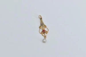 14K Arts & Crafts Seed Pearl Syn Ruby Ornate Drop Pendant Yellow Gold *58 - Picture 1 of 4