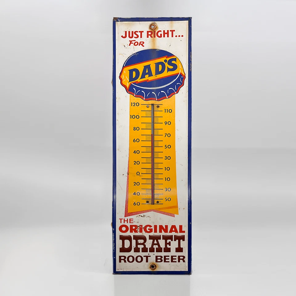 Letrero de termómetro vintage de cerveza de raíz de papá (funcionando) - 27” letrero publicitario de metal Foto 1 de 4