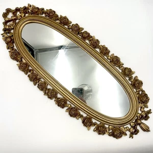 Hollywood Regency Gold Oval Wandspiegel Syroco 2324 Floral Rosen 25,25"x10,5" - Bild 1 von 8
