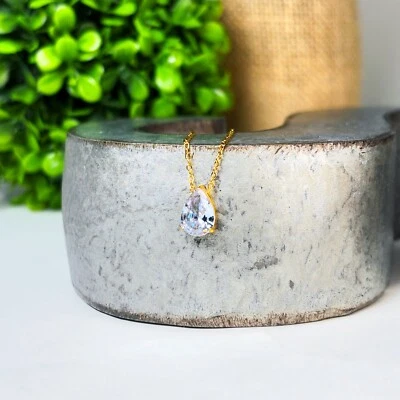 Dainty Diamond Birthstone Necklace – Pear Cut Pendant – Minimalist Gold Jewelry - Image 1 of 4