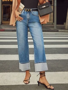 High Waisted Straight Leg Rolled Jeans - Picture 1 of 36
